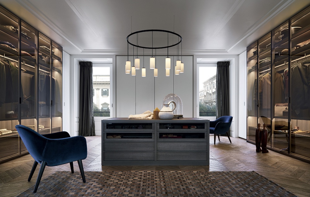 Poliform Senzafine island and wardrobes with Mad chair