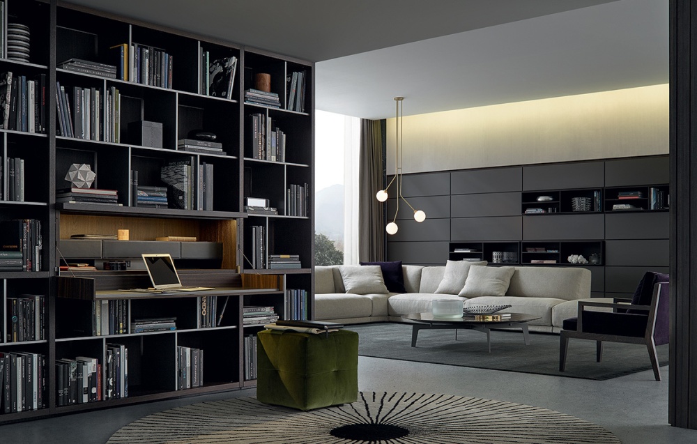 Poliform Wall System with Onda Pouf and Brera sofa