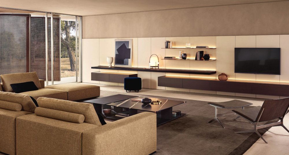 Poliform Code system with New York pouf, Westside coffeetables, Brera sofa and Kay Lounge armchair