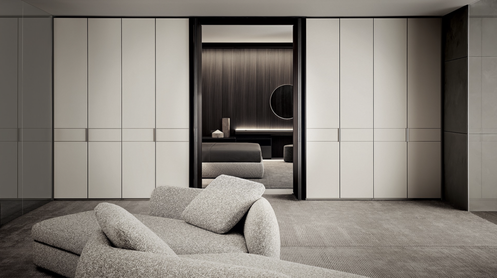 Poliform Senzafine closets with Architectural Pivot doors and Saint Germain sofa