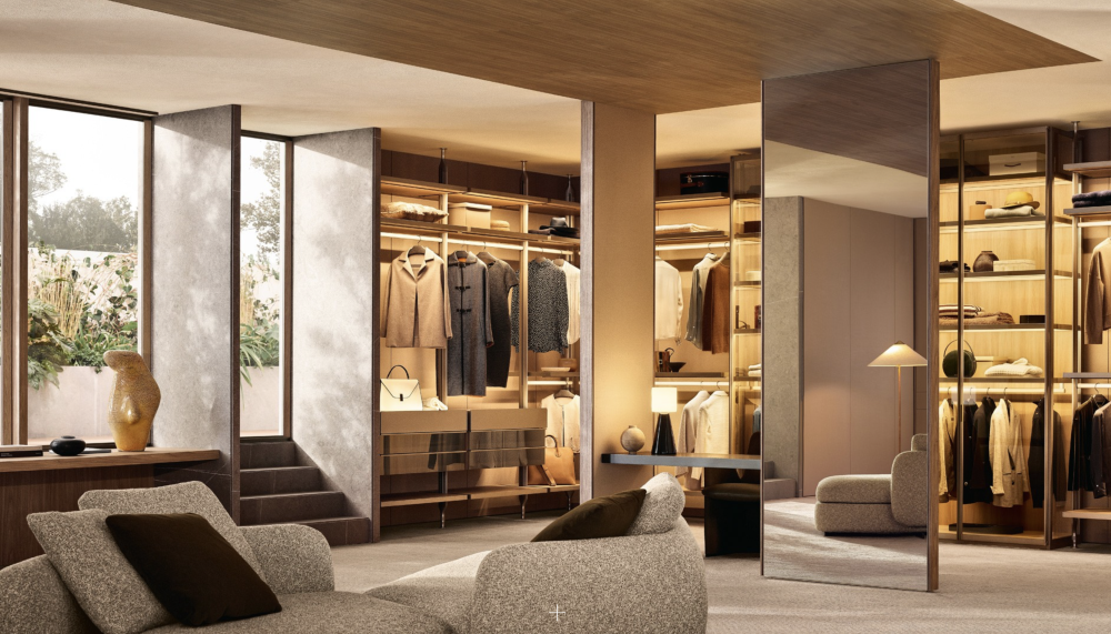 Poliform Lexington walk-in closet with Saint-Germain sofa and Koishi coffee table