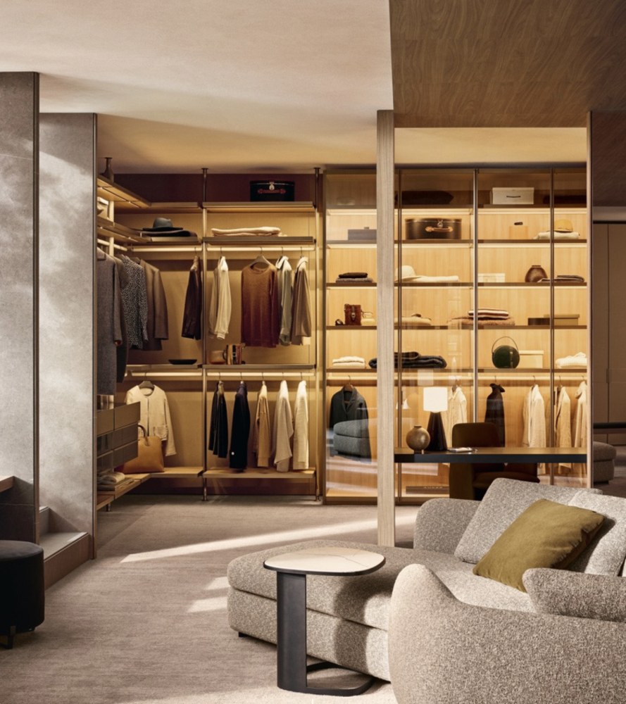 Poliform Lexington walk-in closet with Saint-Germain sofa and Koishi coffee table