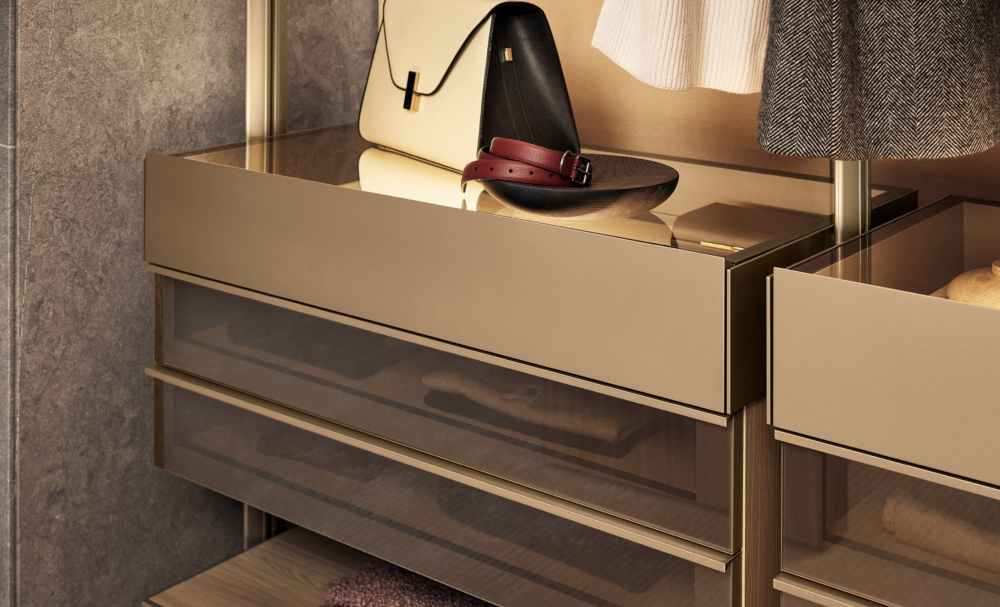 Poliform Lexington walk-in closet, glass drawers with light