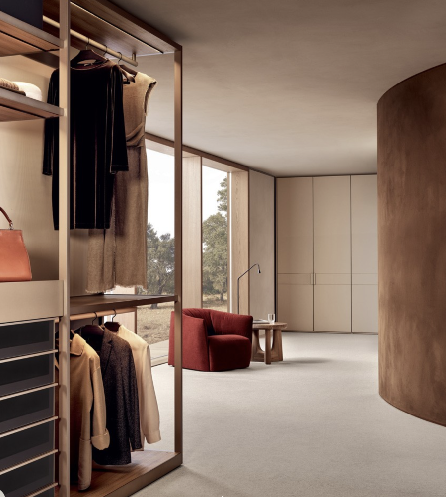 Poliform Senzafine walk-in closet and wardrobe with Santa Monica armchair